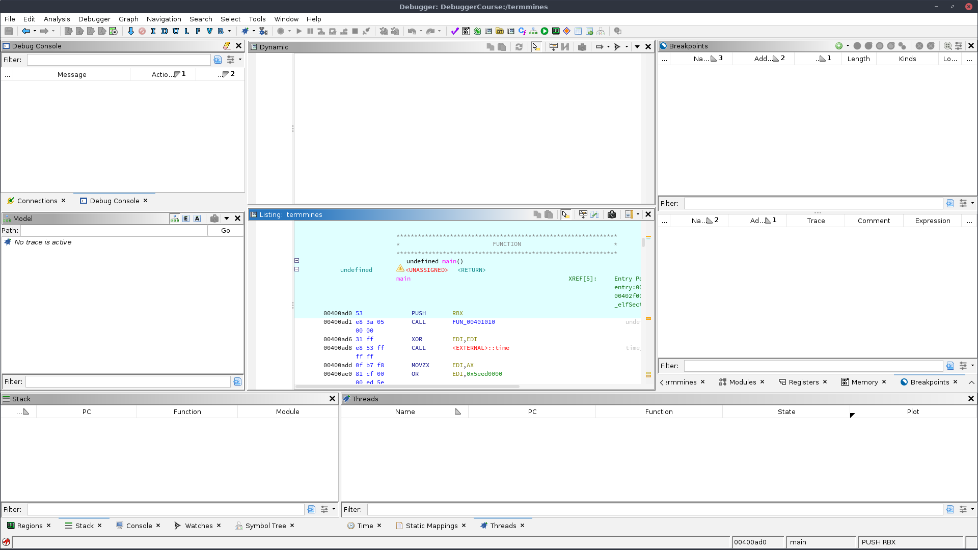 Debugger tool with termmines open
